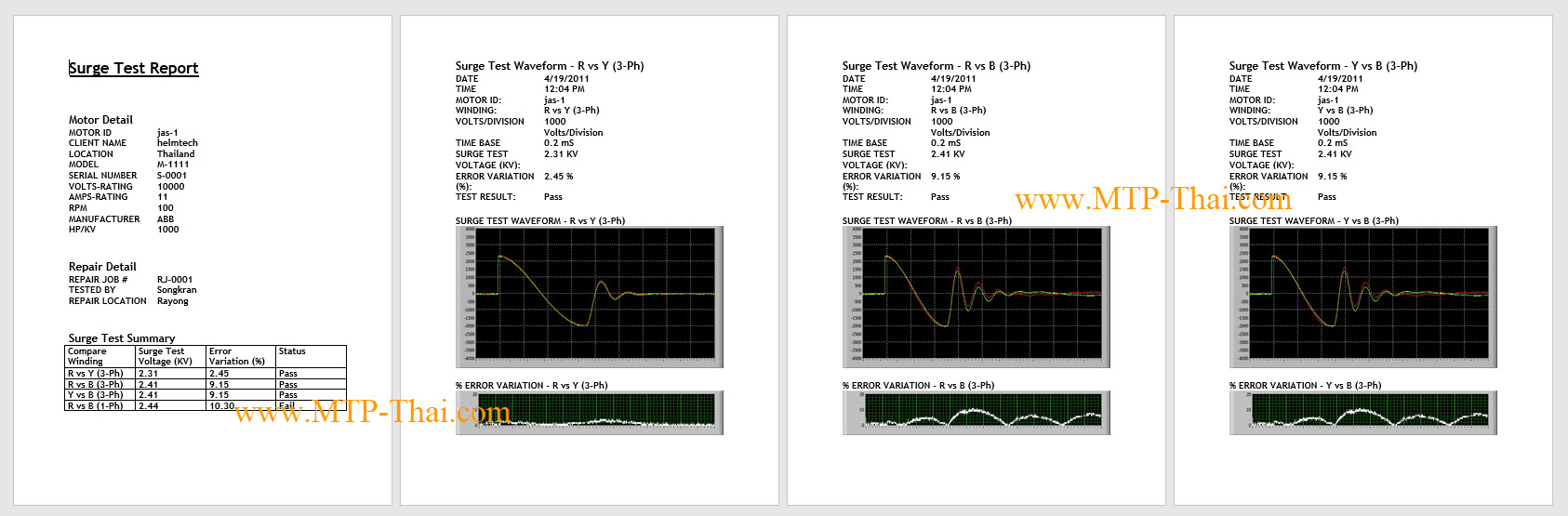 ตัวอย่างรายงานผลการทดสอบ Surge Test แสดงข้อมูลมอเตอร์ กราฟ Waveform เปรียบเทียบขดลวดทีละคู่ (R vs Y, R vs B, Y vs B) และตารางสรุปค่า Error Variation พร้อมผล Pass/Fail รายงานพิมพ์ออกมาส่งลูกค้าได้ทันที ตัวอย่างรายงานผล Surge Test แสดงกราฟ Waveform เปรียบเทียบขดลวด 3 เฟส พร้อมค่า Error Variation และผลการทดสอบ Pass/Fail | MTP-Thai