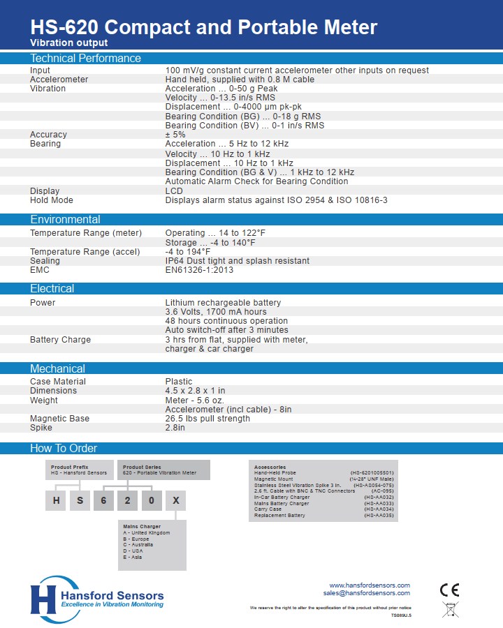 สเปกทางเทคนิค Hansford HS-620 ตารางสเปกทางเทคนิคเครื่องวัดความสั่นสะเทือน Hansford HS-620 จากเอกสารผู้ผลิต