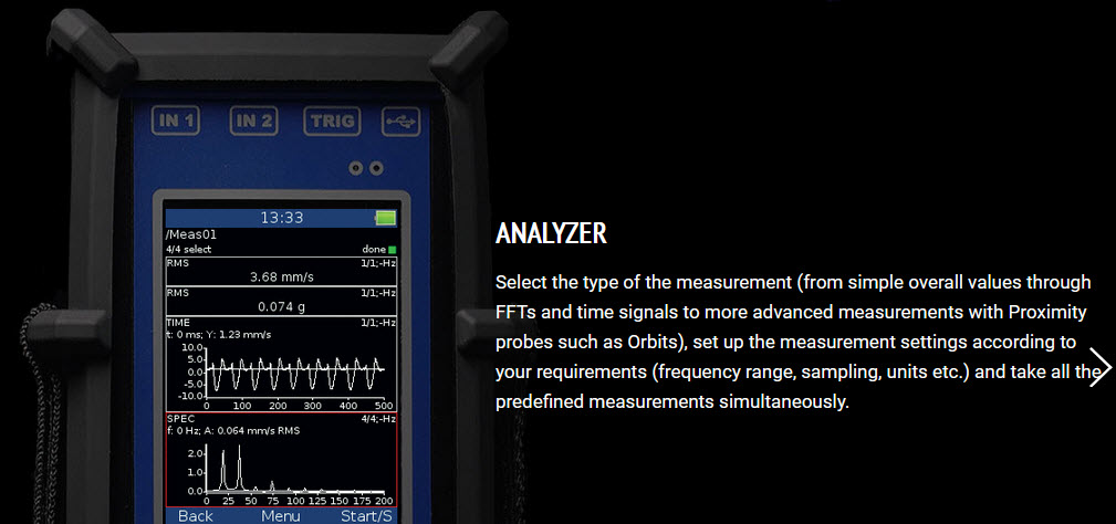 ADASH VA3 Pro โหมด Analyzer หน้าจอโหมด Analyzer บน ADASH VA3 Pro เลือกการวัด FFT รูปคลื่นสัญญาณ และ Orbit