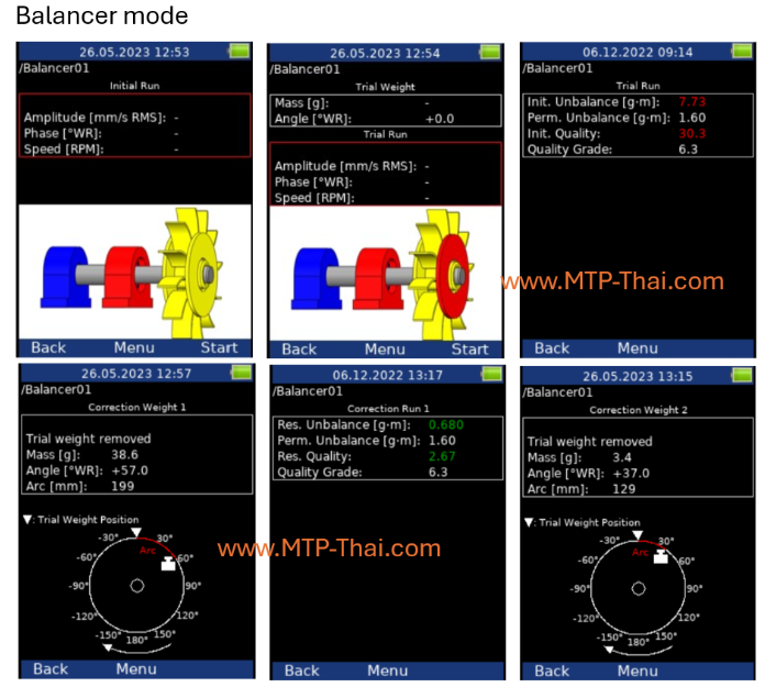 ADASH VA3 Pro ขั้นตอนทำฟิลด์บาลานซ์ด้วยโหมด Balancer หน้าจอโหมด Balancer บน ADASH VA3 Pro แสดงขั้นตอนทำฟิลด์บาลานซ์ตั้งแต่วัดค่าเริ่มต้นถึงผลหลังแก้ไข