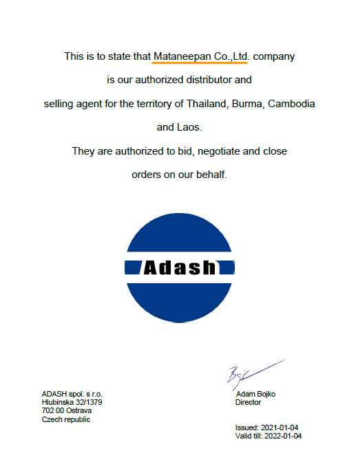 ADASH Authorized Distributor Certificate - Mataneepan Co., Ltd. Thailand ADASH Certificate ใบรับรองตัวแทนจำหน่าย ADASH อย่างเป็นทางการ - Mataneepan Co., Ltd. ตัวแทนแท้รายเดียวในประเทศไทย พม่า กัมพูชา และลาว