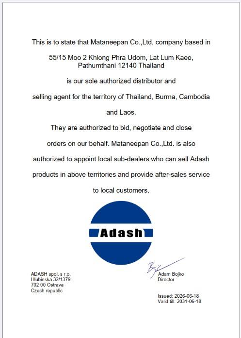ใบรับรองตัวแทนจำหน่าย ADASH ในประเทศไทย ใบรับรอง ADASH แต่งตั้งบริษัท มัทนีภัณฑ์ จำกัด (MTP-Thai) เป็นตัวแทนจำหน่ายรายเดียวในไทย 2026-2031
